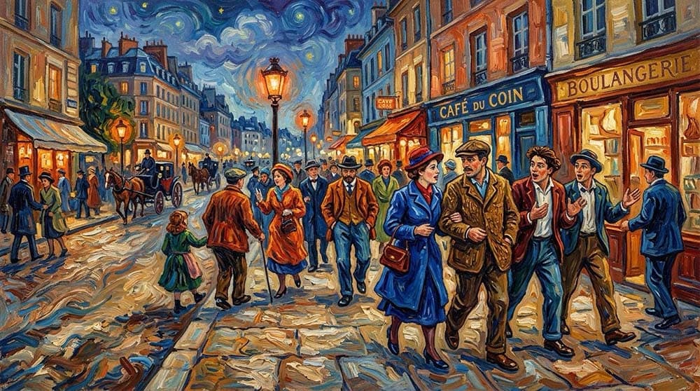 A painted street scene at dusk, made by blending several photographs into one artwork.