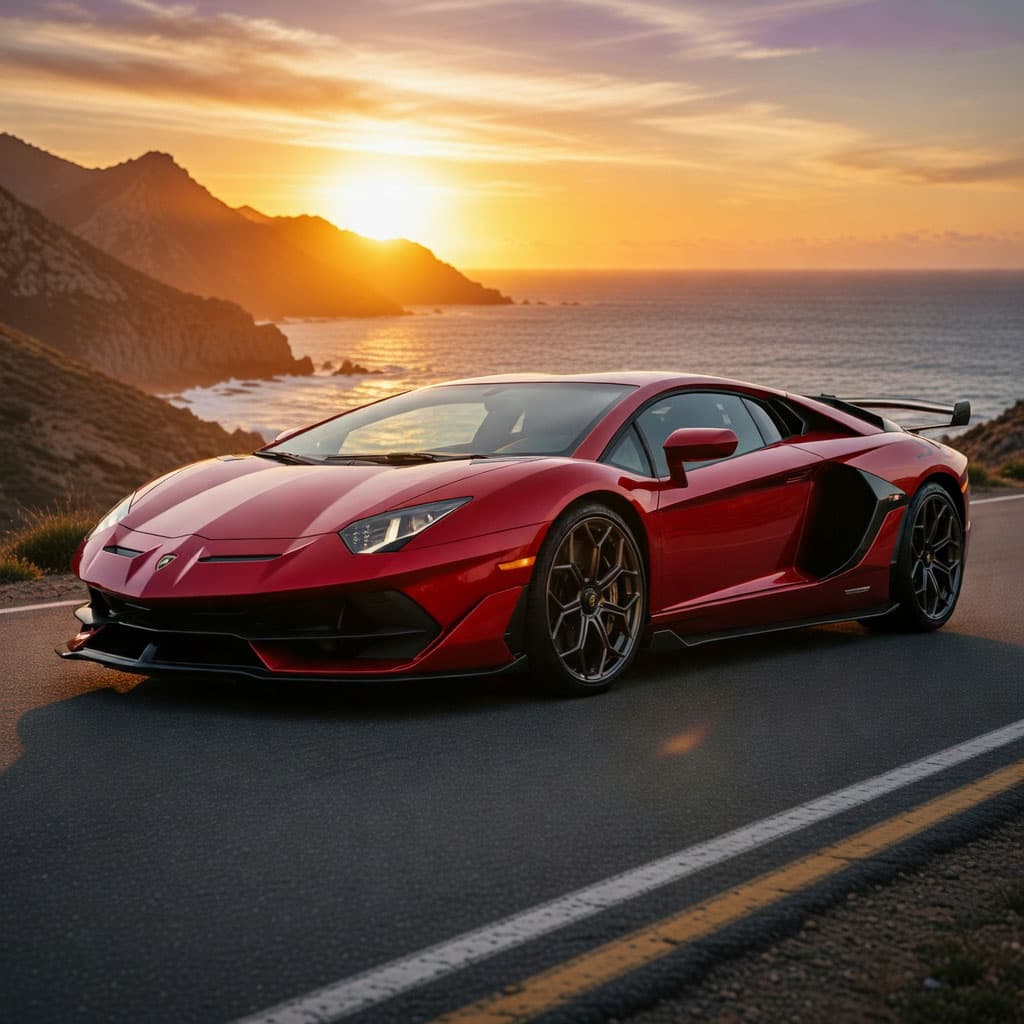 The same sports car, recoloured red and moved to a coastal road at sunset.