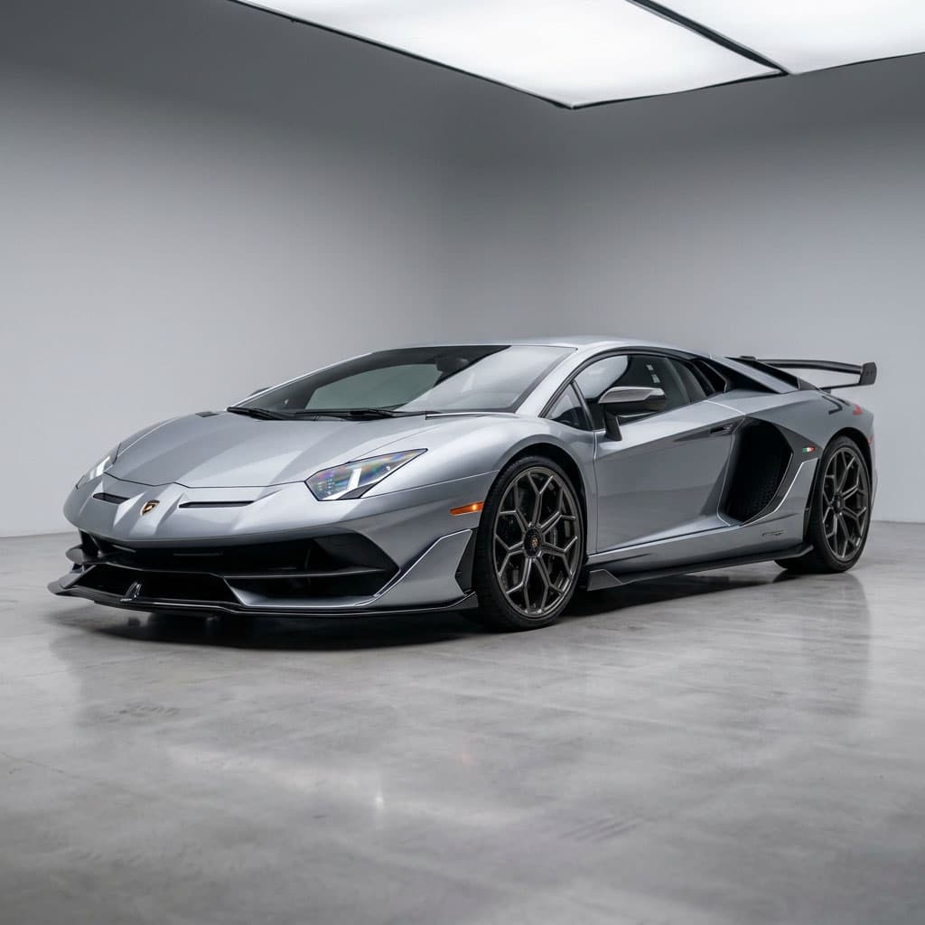 A silver sports car photographed in a plain studio.