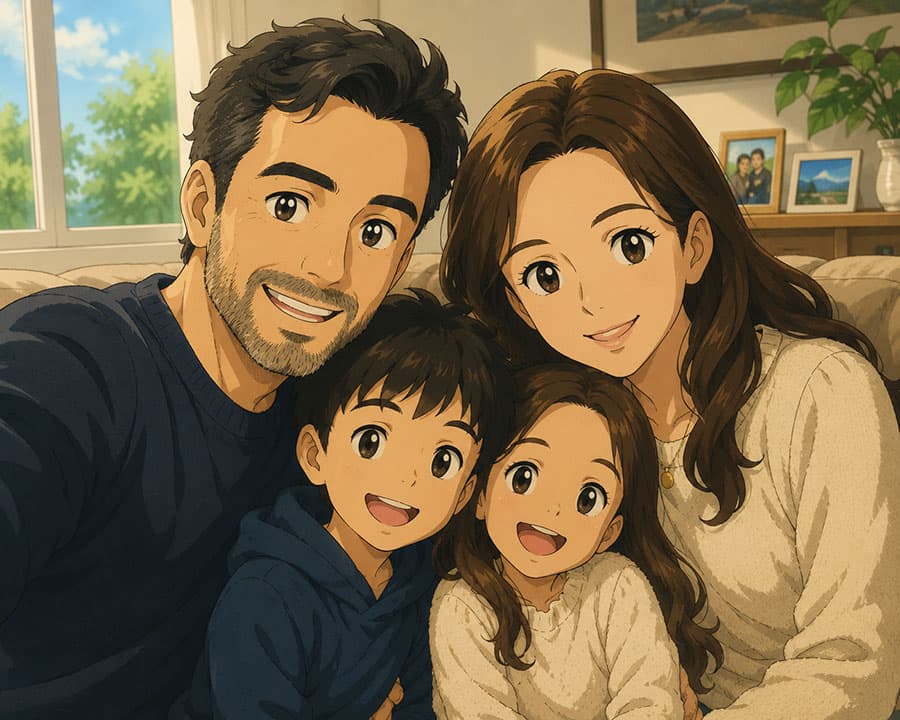 A family of four drawn in an anime style, on a sofa at home.