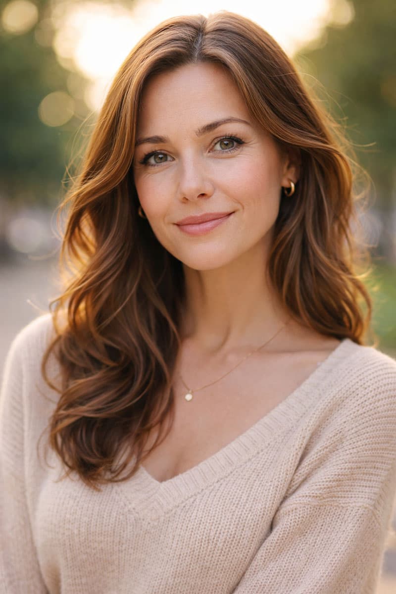 A portrait of a woman outdoors in evening light.