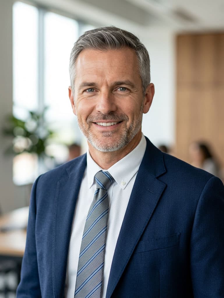 A business portrait of a man in a suit, in an office.